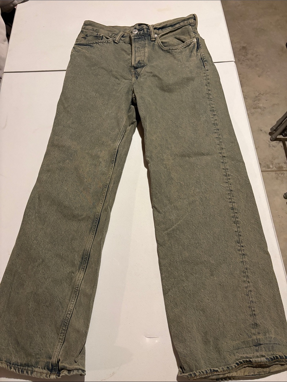 Olive Green Wash Baggy-Leg Jeans